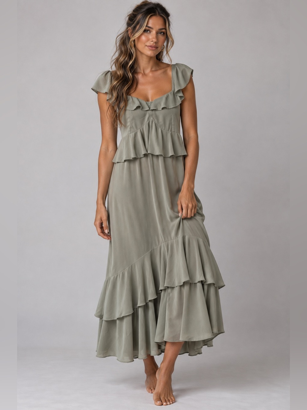 Show Me Your MuMu Paulina Peplum Olive Green Ruffle High-Low Maxi Dress Sz Large - Picture 2 of 10